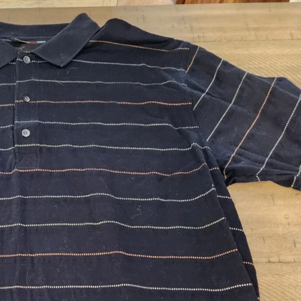 Greg Norman Mens Navy Blue Striped Mercerized Cotton Polo Shirt Large L - Picture 1 of 4